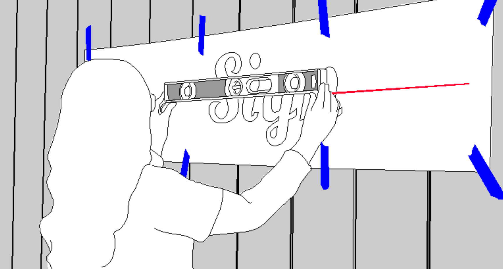 Metal letter stud mount pattern taped to wall and leveled with printed horizontal line