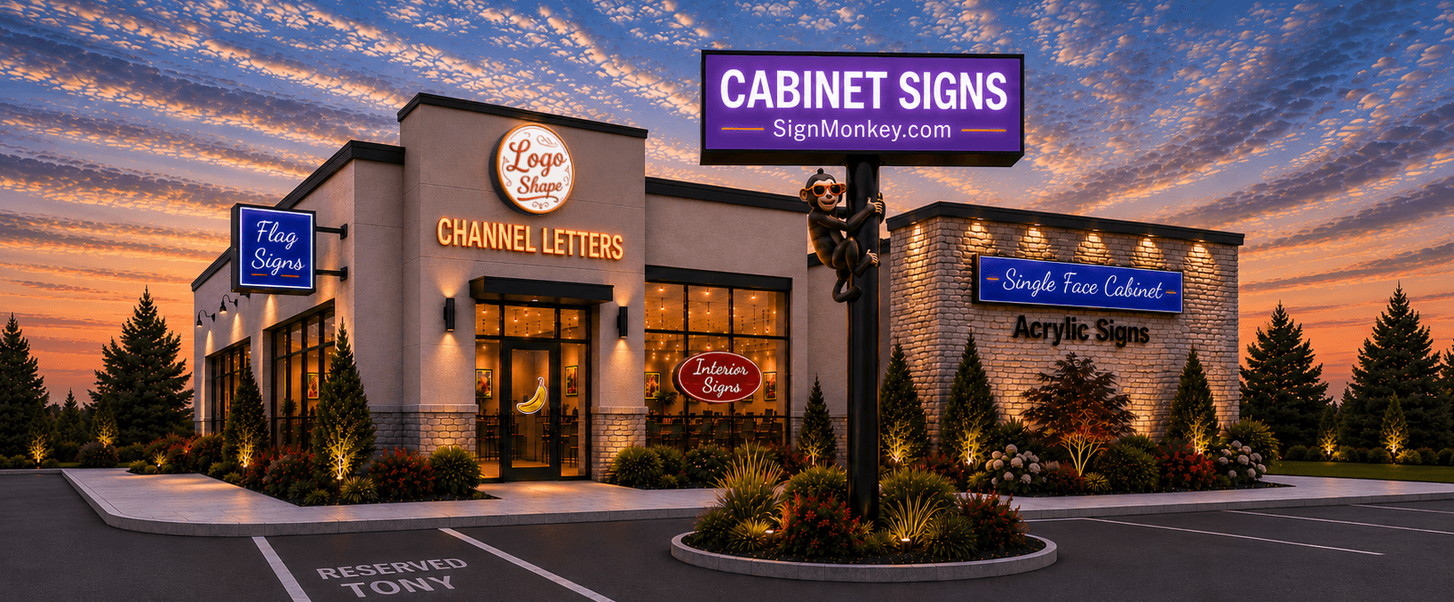 SignMonkey storefront with channel letters, cabinet signs, acrylic signs, and custom lighted logo signs