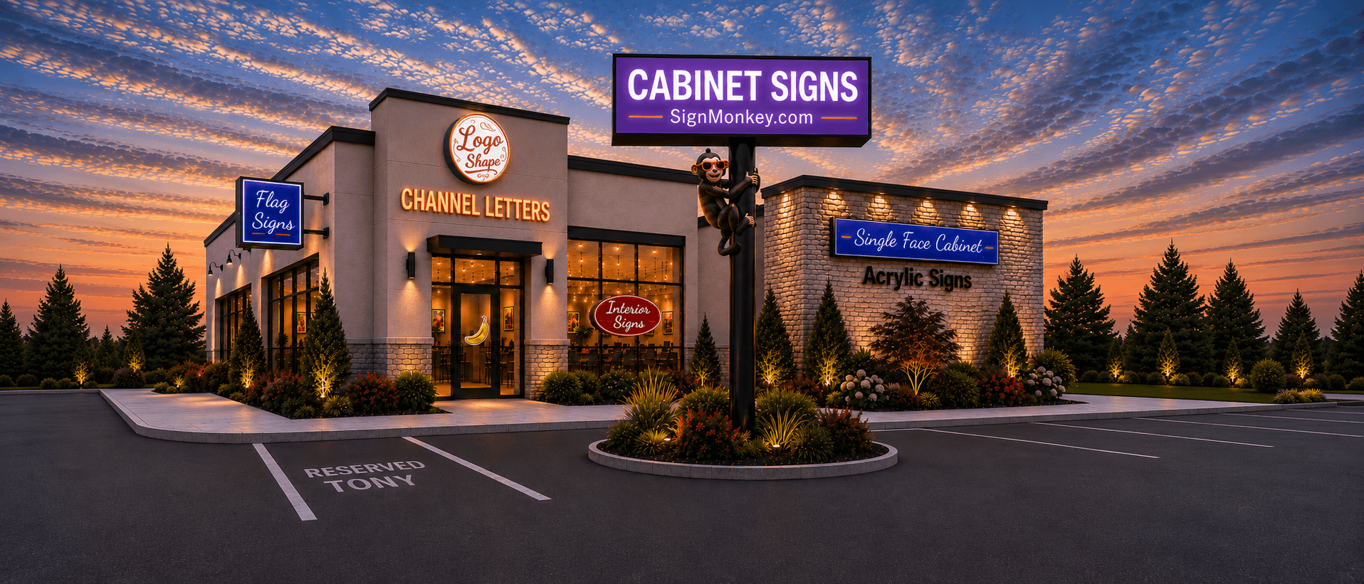 SignMonkey storefront with channel letters, cabinet signs, acrylic signs, and custom lighted logo signs