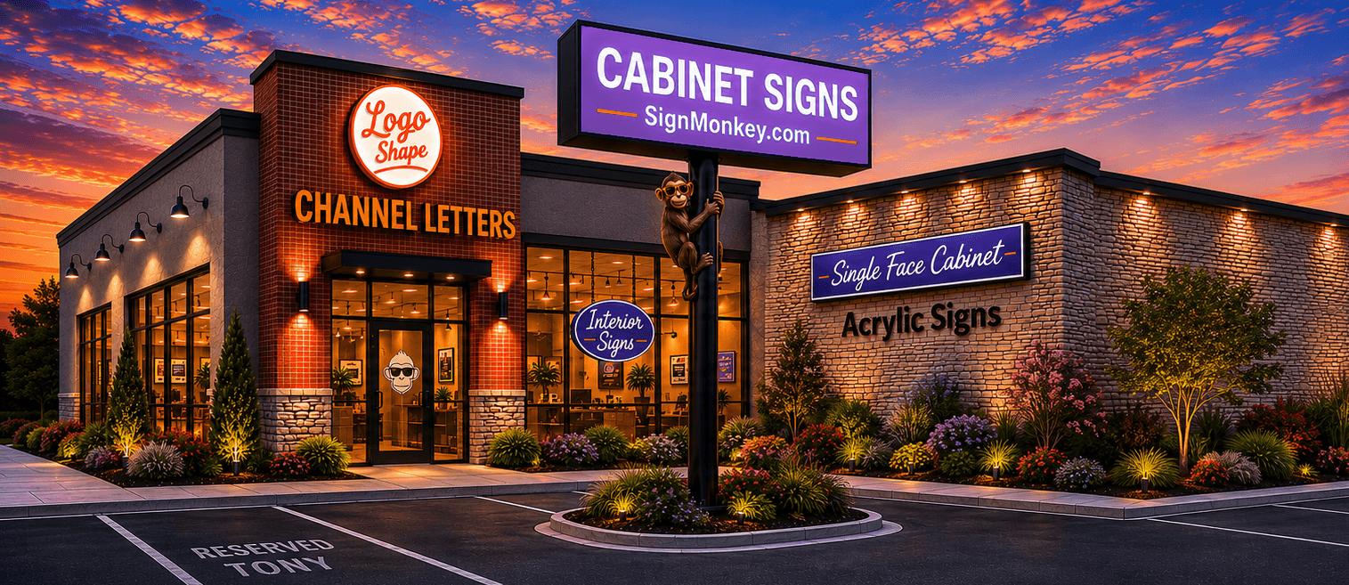 SignMonkey storefront with channel letters, cabinet signs, acrylic signs, and custom lighted logo signs